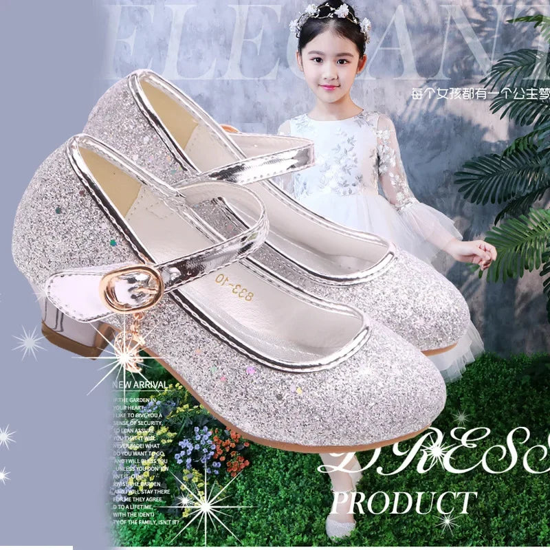 Amay Children Princess Shoes student dance shoes for Girls High Heel Sandals Dress Purple Kids Leather Glitter Crystal Shoes Banquet