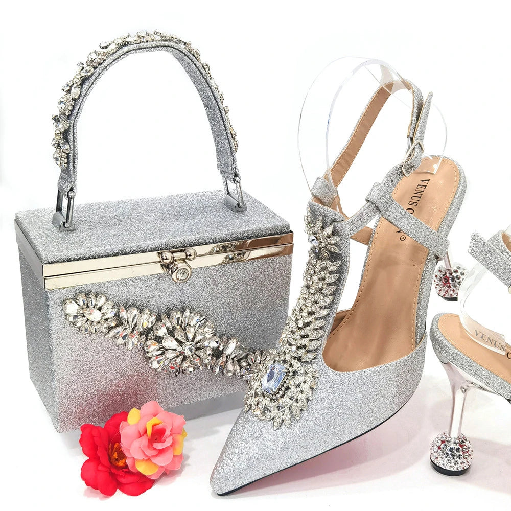 Maxy Newest Red Color Comfortable Streamlined Pointed Toe Women's Shoes Matching Big Crystal Handbag Party Women's Shoes And Bag Set