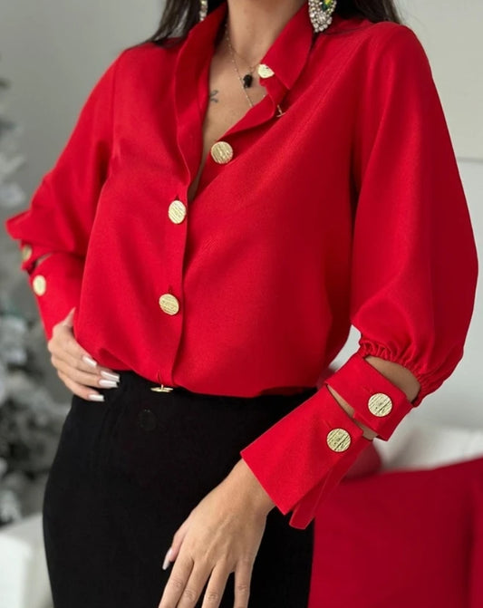 Maxy Office Lady Shirts for Women Top Vintage Stand Collar Buttoned Hollow Out Solid Color Long Sleeve Top Pullover Female Clothing
