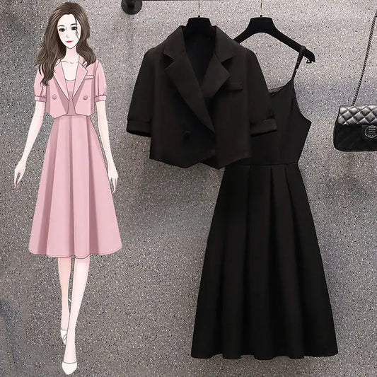 Maxy Spring and Summer New Large Women's Dress Korean Style Suit Top+fashionable Slip Dress Suit Is Slim and Fashionable