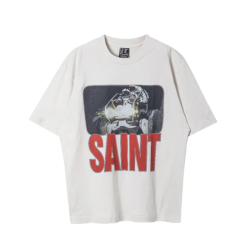 SAINT T Shirt Men Woman Summer Good Quality O-Neck Loose Letter Printing Dropped Shoulder Vintage Tops Tee