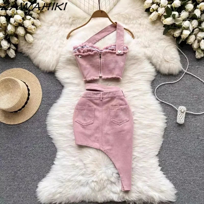 Maxy Sweet Two-Piece Set Women Sexy Patchwork Camisole Top Irregular Slim Waist Women's Skirts Office Lady Fashion Elegant Ropa