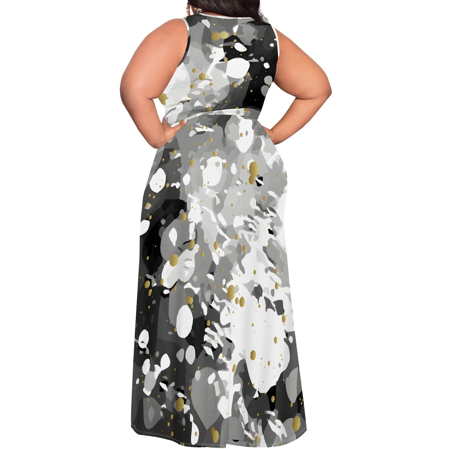 Maxy Plus Size Women's Sexy Casual Dresses for Curvy Women 3D Printed halterneck V Neckline Short Sleeve Loose High Vent Maxy Dress