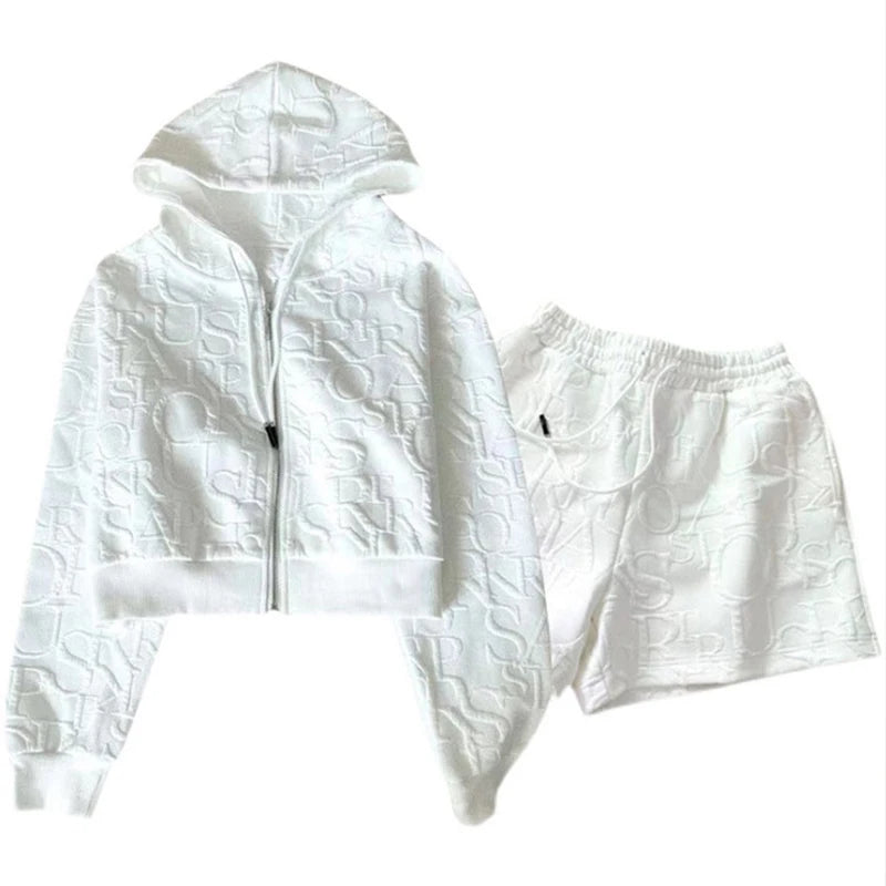 Maxy New Letter Printing Sets For Women 2 Pieces Zipper Long Sleeve Hooded And Drawstring Shorts Tracksuits Women's Suit Outfit