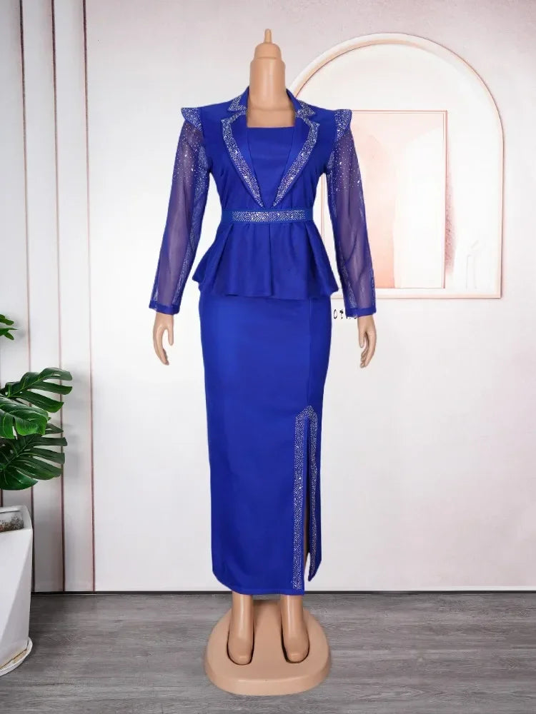 Maxy Luxury African Dress for Women Elegant Square Neck Diamond Full Sleeve Belt Waisted Side Split Floor Length Birthday Dress