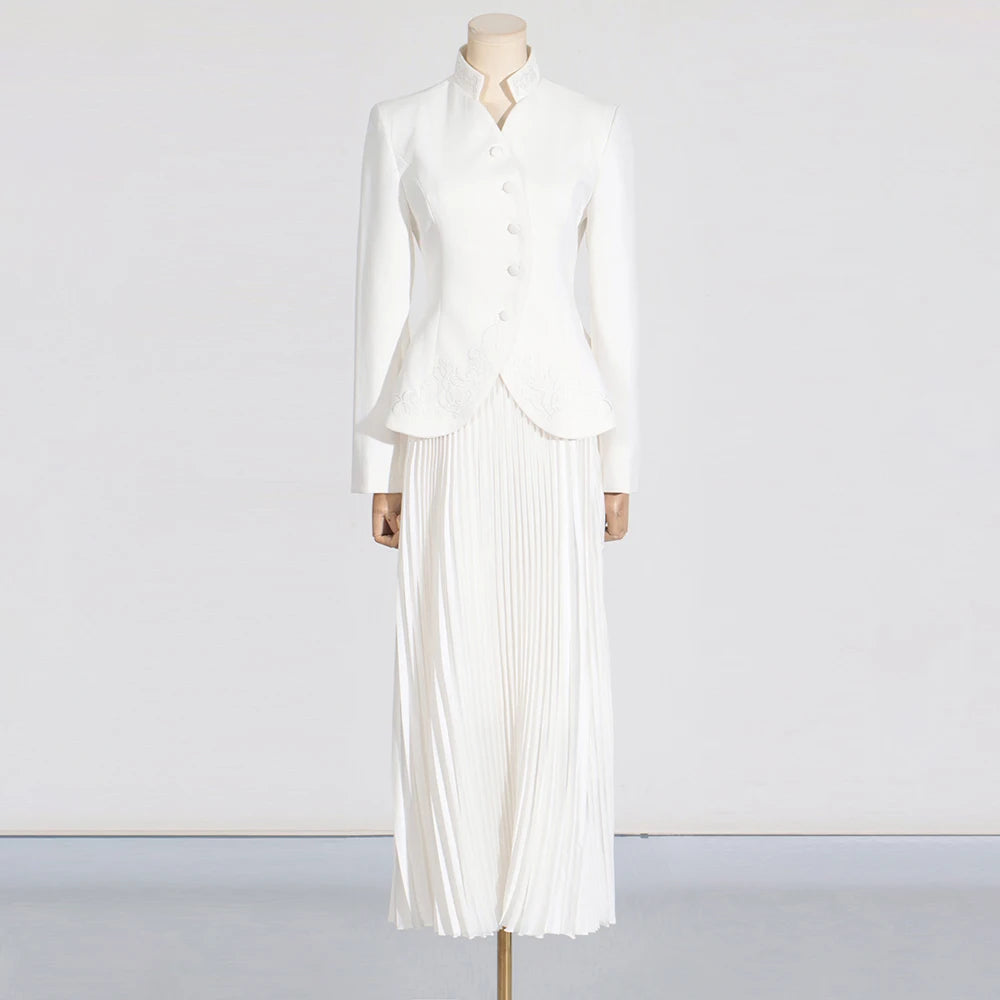 Amay Embroidery Solid Two Piece Set For Women Stand Collar Long Sleeve Spliced Button Tops High Waist Folds Skirt Chic Set Female