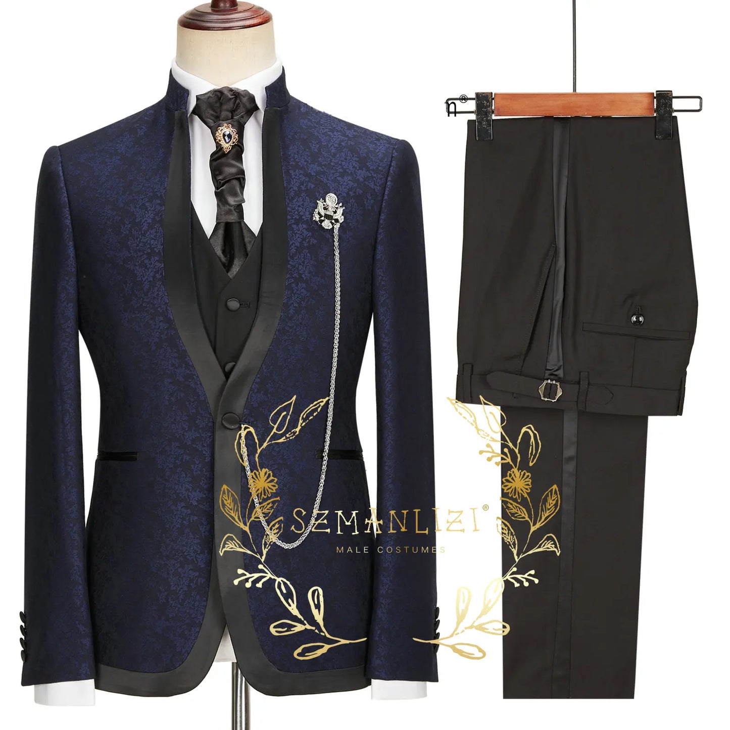 Visco Handsome Blue Gold Floral Rim Stage Men Suit Set Stand Collar Men's Suits (Jacket+pants+vest)