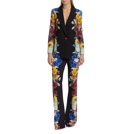 Maxy Formal Printing Two Piece Set for Women Lapel Long Sleeve Spliced Chic Botton Blazer High Waist Pant Suit Female Clothing