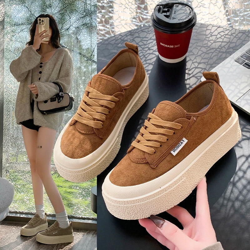 Maxy Soft Suede Leather Casual Shoes Women Sneakers Clogs Platform All-Match Spring Round Toe Cross-tied Frosted Flats Shoes Women