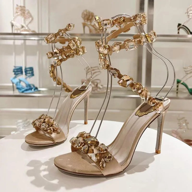 Maxy Dress Shoes Rhinestone Decor Elastic Strap Thin High Heels Sandas Women Snake Shaped Entanglement Sandals Summer Party Shoes