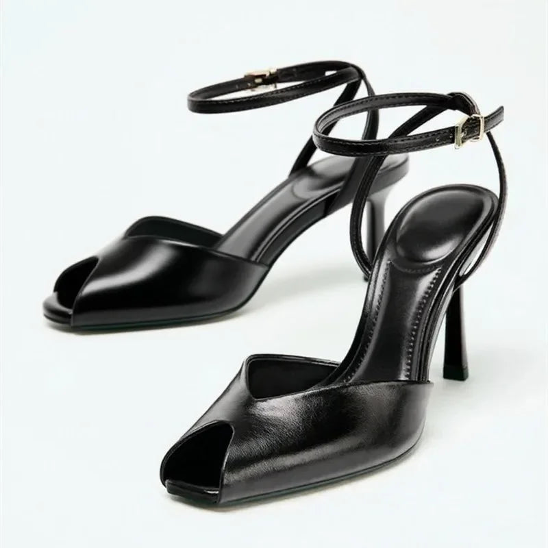 Maxy Comfort Soft Leather Brand High Heel Sandals Women Summer Sexy Open Toe Ankle Buckle Thin Heel Designer Shoes Fashion Dress Shoe