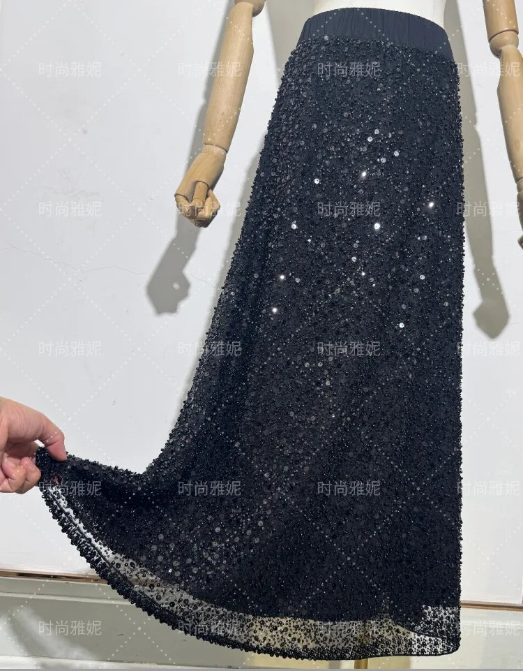 Maxy Fashion Heavy Sequin Beaded Cardigan Jacket for Women Slim Fit Bodycon Mid-Length Skirt Trendy Long Sleeve Coat