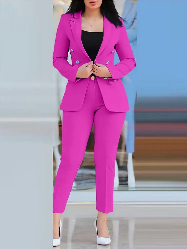 Maxy Elegant Office Lady Two Piece Sets New Autumn Winter Women Fashion Notched Neck Long Sleeve Blazer & High Waist Work Pants Suit