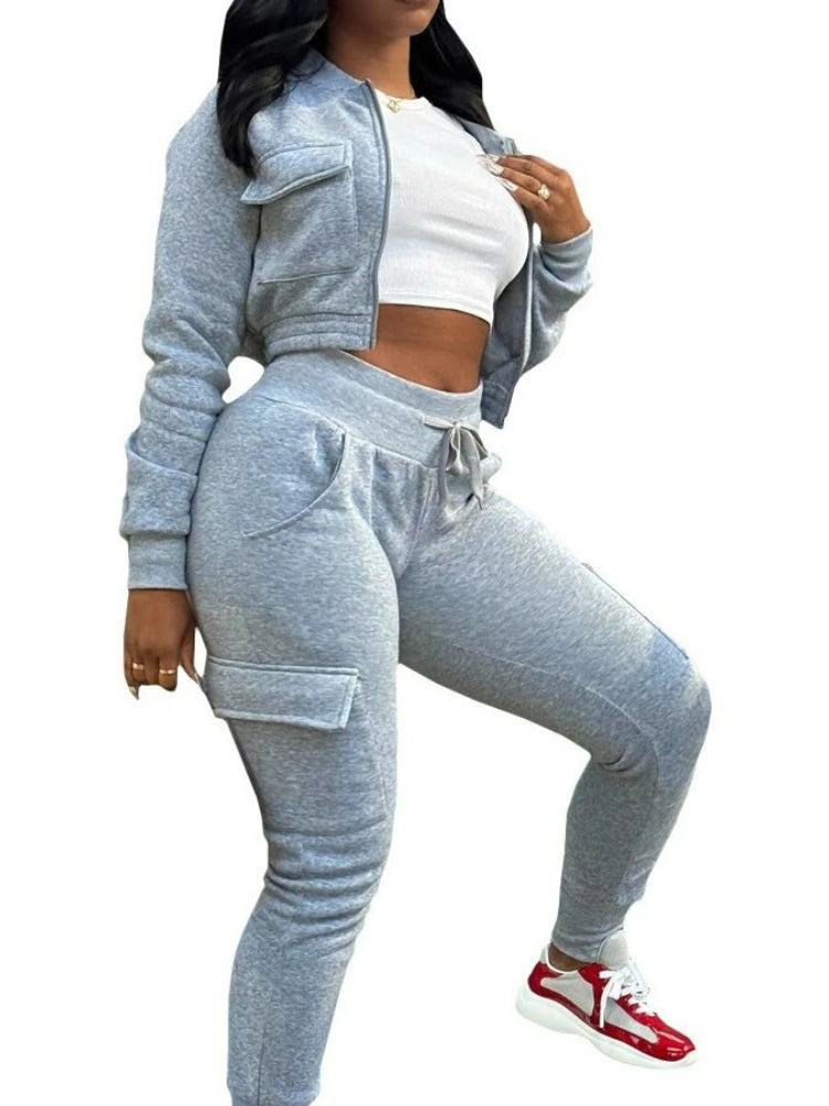 Women Pant Sets Tracksuit Zipper Short Coats Solid Pocket Two Piece Drawstring Pencil Pants Casual Spliced Thick Sporty