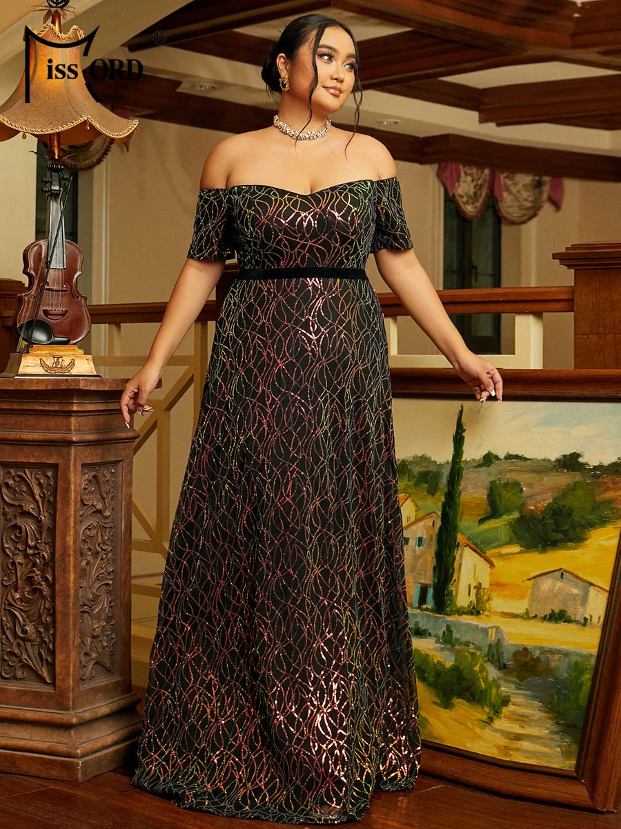 Maxy Plus Size Off Shoulder Sequin Black Evening Dress Chic Elegant Woman Dress Formal Occasion Dresses