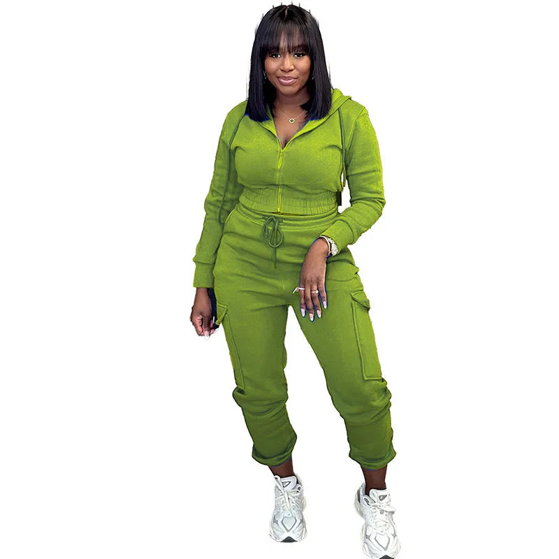 Macy Hooded Jacket Sweatshirt and Sweatpants Woman Plush Two Piece Tracksuit Long Sleeve Zipper Crop Top Legging Set