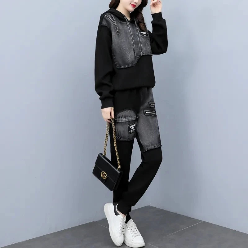 Babs Sportswear Set Women Spring and Autumn Fashion and Westernization Casual Slim Denim Sweatershirt Two Piece Suits Female