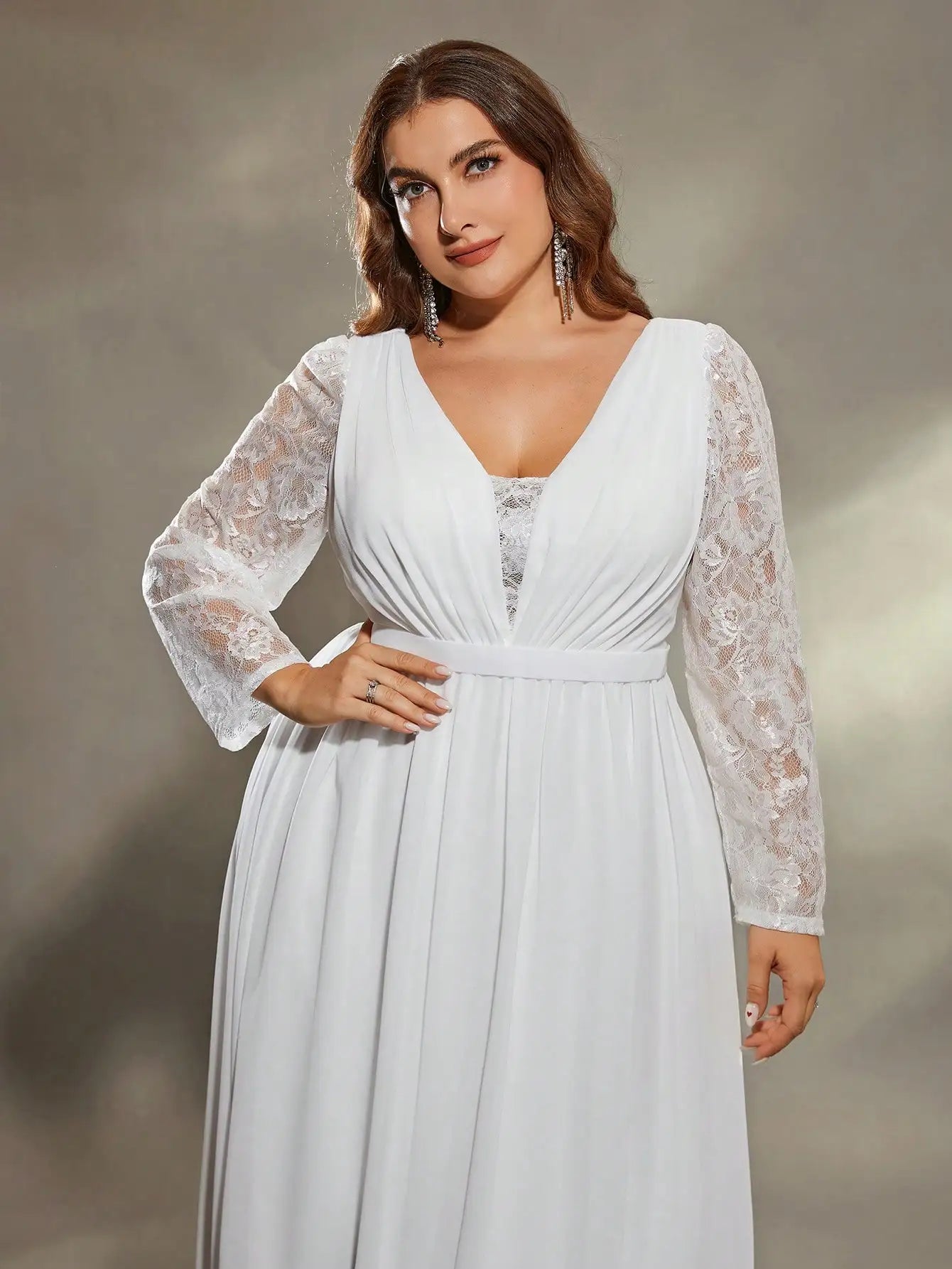 Maxy Mgiacy plus size  Deep V shoulder lace long sleeve chest pleated chiffon wedding dress A full skirt Evening gown Ball dress