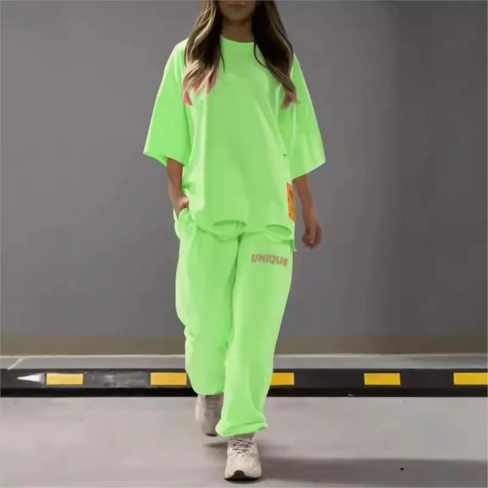 Maxy Summer New Fashion Hollowed Out O Neck T Shirt Women's 2 Piece Set Solid Color Casual Relaxed Tracksuit Pants Pocket Female Suit