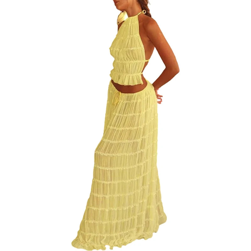 Maxy Women Boho Sexy Backless Matching Suit 2 Piece Beach Holiday Outfits Vintage Ruched Halter Cami Tops + Maxy Long Skirt Party
