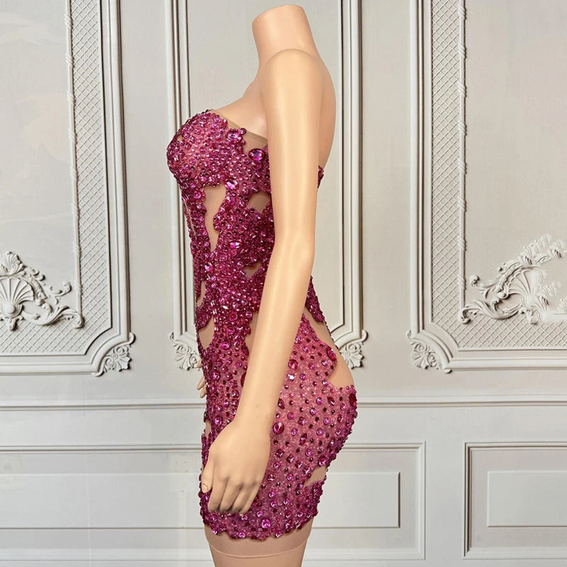 Maxy Pink Rhinestones Party Dress Women Celebrate Performance Outfit Nightclub Bar Festival Dresses Evening Gown Stage Wear
