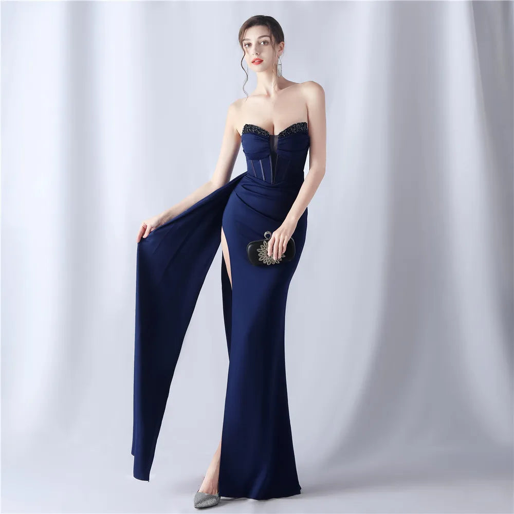 Maxy Stripless High Slit Backless Shaped Fishbone Waist Covering Heavy Industry Beaded High-End Long Prom Evening Dress