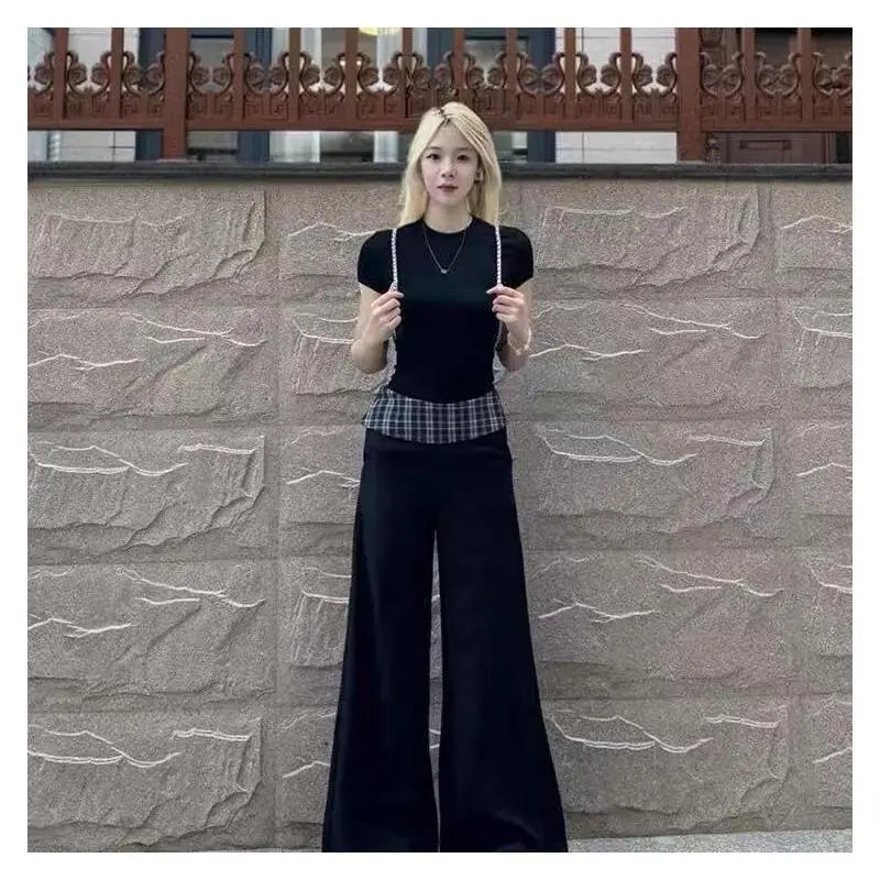 Maxy Women's Suit Fashion 2 Piece Set Short Sleeve Top Wide Leg Pants Cotton Women Summer Casual Elegant American Style Premium