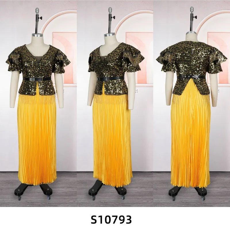 Maxy Plus Size African Women's Sequined Long Maxy Dress Short Sleeve V Neck Elegant Hem Pleated Big Swing Party Dress Dubai