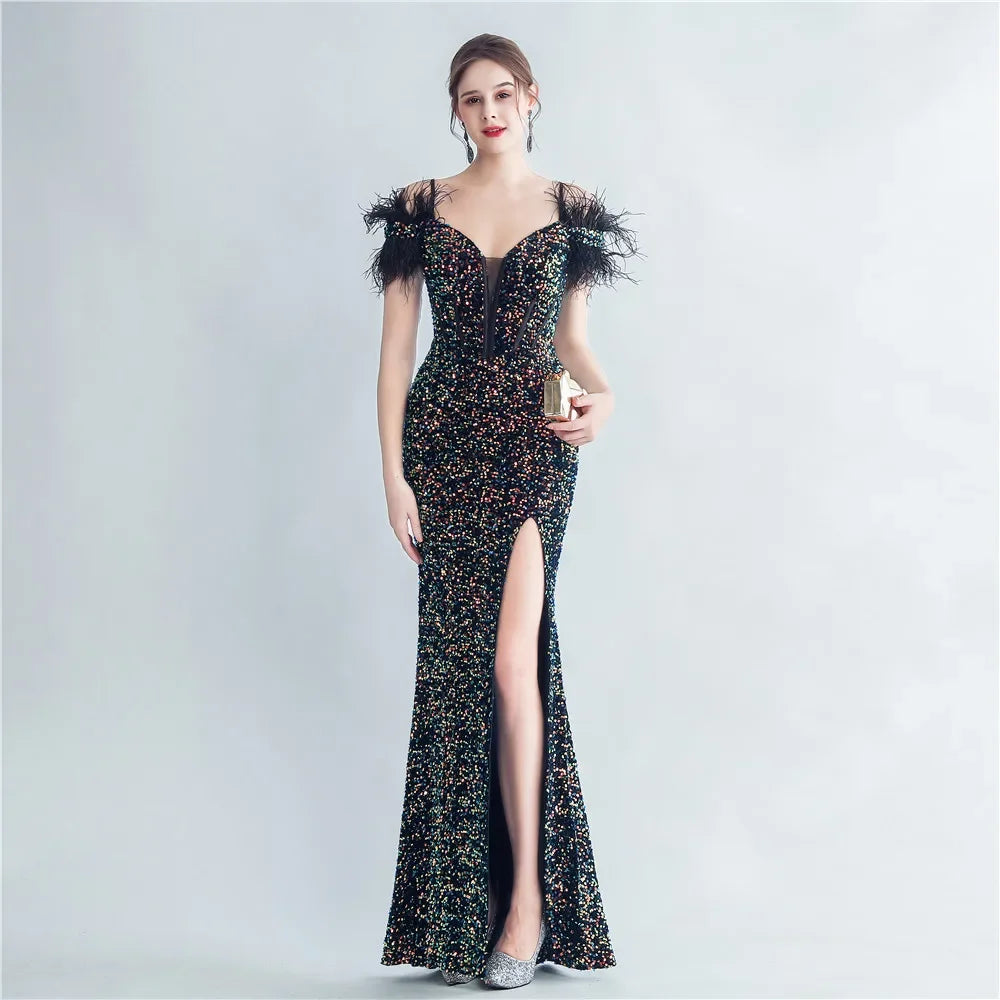 Zay Women's Elegant Long Dresses with A Bling and Feathers, Split Sequin Glitter, Evening, Wedding Guest, Special Events, High End,