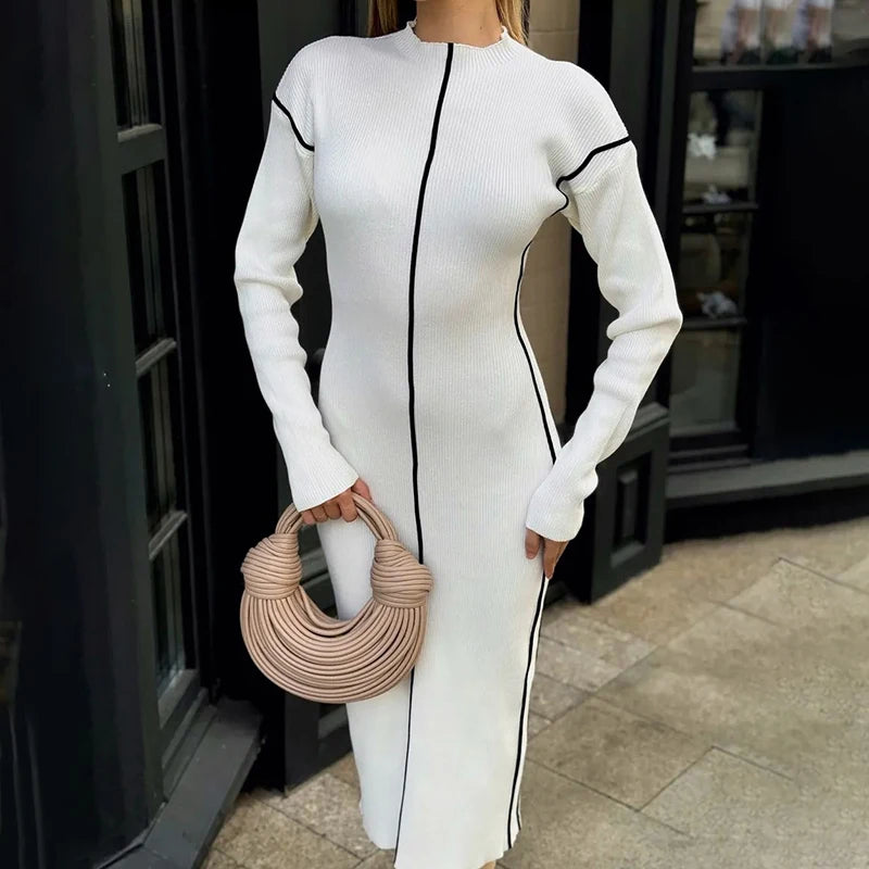 Maxy French Elegant Contract Color Knitted Dress Women Fashion Half Collar Slim Party Dress Temperament Long Sleeve Office Midi Dress