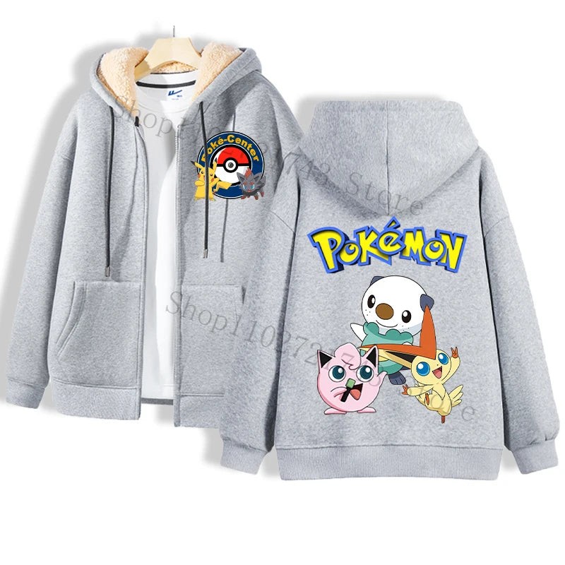 Maxy Pokémon Lamb Wool Coat for Men Women Pikachu Anime Cartoon Fashion Zipper Hooded Jacket Boys Girls Winter Warm Hip Hop Coats