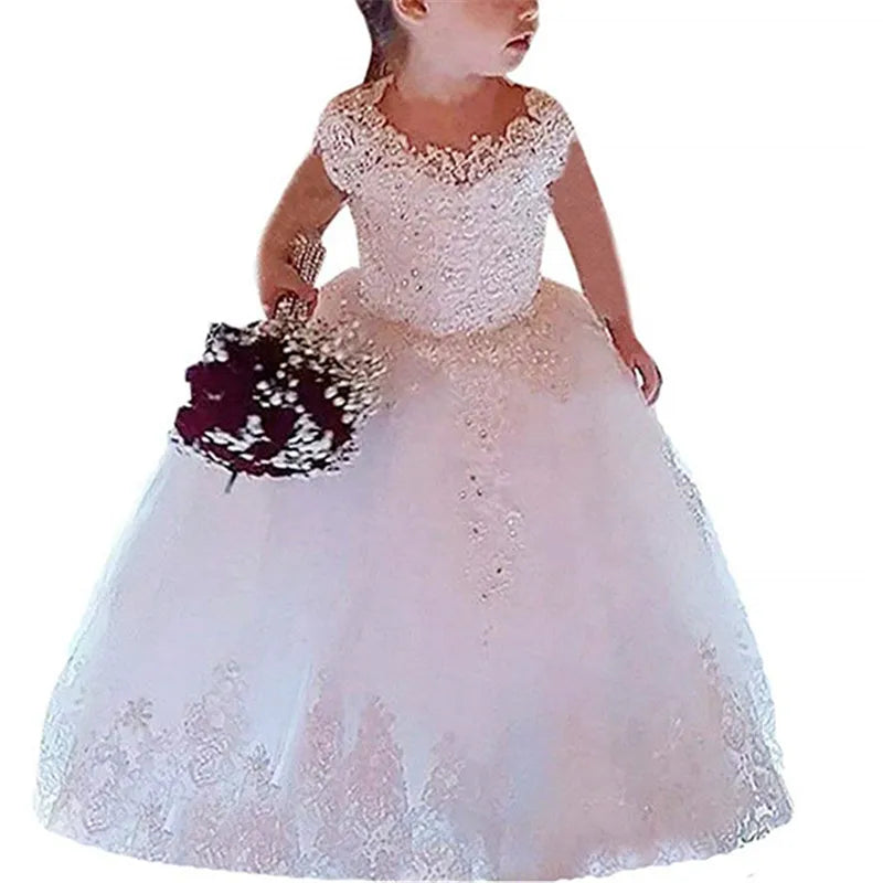 Maxy Princess Sleeveless Ball Gown Princess Flower Girls Dresses Appliques with Beaded Stunning Cute Girls First Communion Dress White