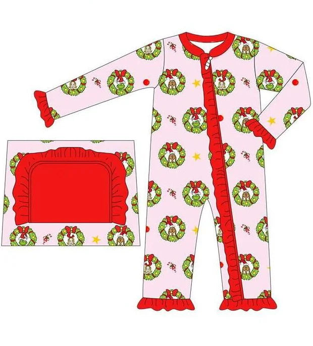 Babs Christmas boutique children's set long-sleeved lace cartoon print trousers lace girls boys pajamas set baby zipper jumpsuit