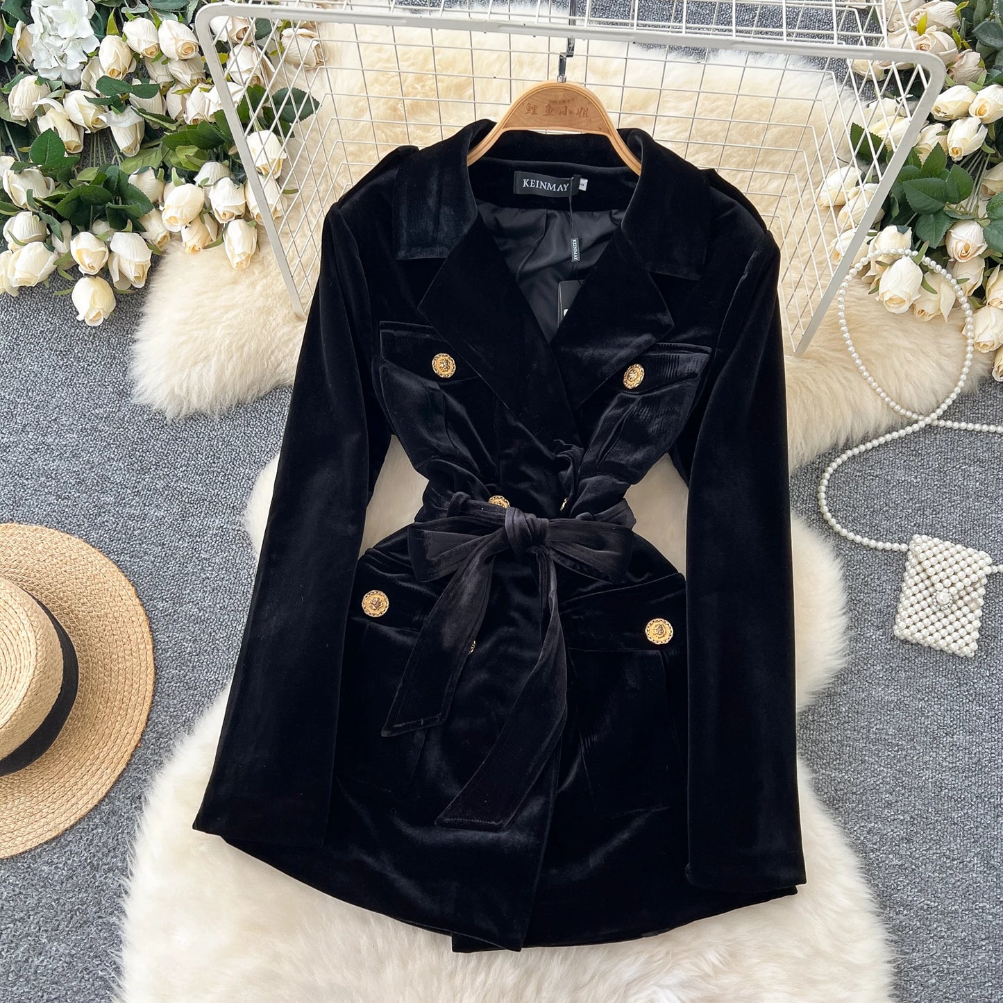 Amay Elegant Turn-down Collar Vintage Long Sleeve Chic Metal Buckle Slim Bandage Coat Korean Fashion Office High Street Winter Top