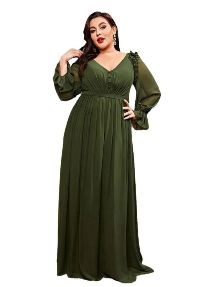 Maxy Plus Size Autumn V-Neck Long Dress Women Ruffle Pleated Fashion Loose Ladies Dresses Long Sleeve See Through Woman Dress