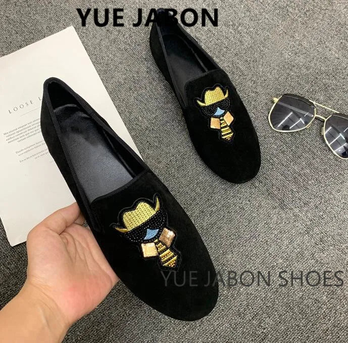 Visco New Fashion Men Rhinestone Shoes British Men's Flats Smoking Slippers Men Loafers Dress Shoes Black Casual Shoes Gladiator Mens