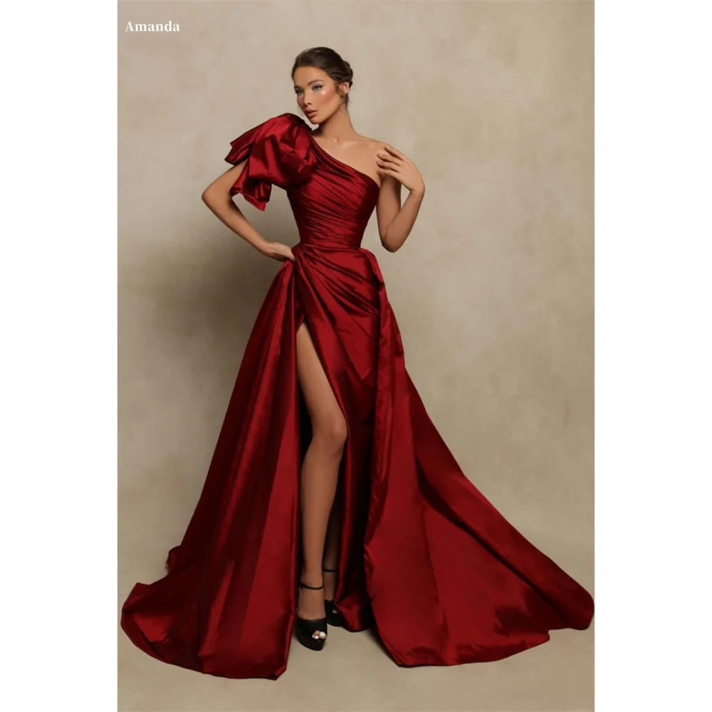 Maxy Wine Red Satin Prom Gown A-line Side High Split One Shoulder Evening Formal Elegant Sleeveless Floor-Length Party Dresses