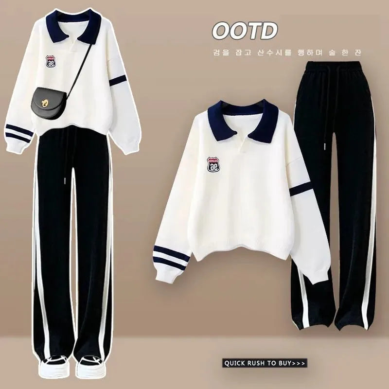 Maxy Spring New Polo Shirt Sweater + Casual Sports Wide-leg Pants Two-piece Woman Tracksuit Set Korean Elegant Loose Sportswear