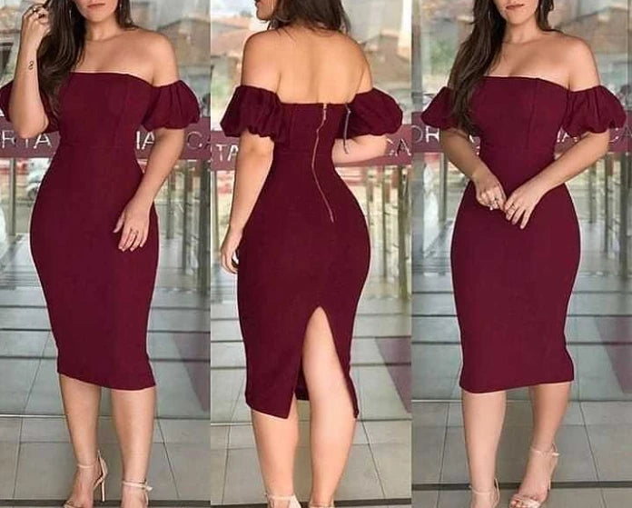 Maxy Dresses for Women 2024 Summer Wine Red One Shoulder Bubble Sleeve Tight Fitting Dress Backless Zipper Design Elegant Party Dress