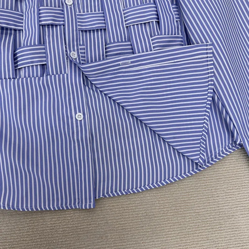 Maxy Women Plus Size Shirt Long Sleeve Blue Hollow Out Polo Collar Blouse Loose Fashion Patchwork Female Shirts Chic Top New