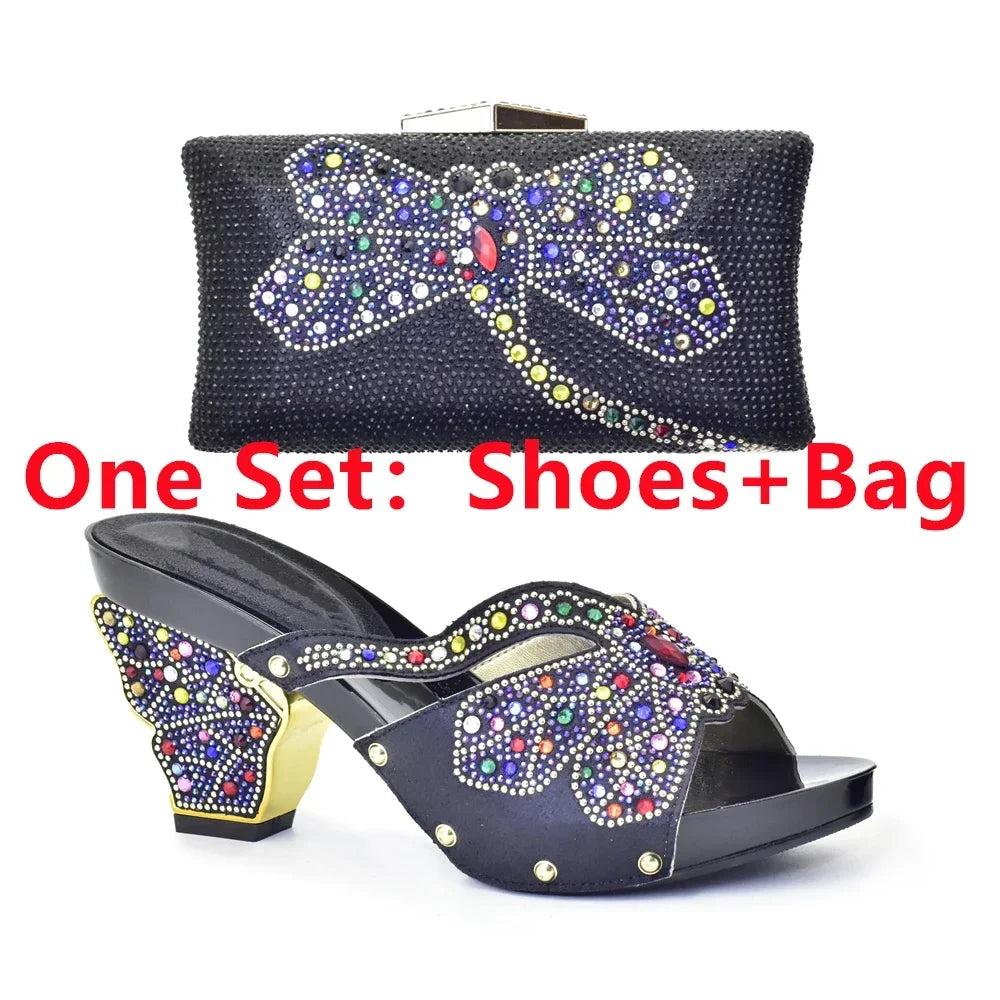 Max New Arrival Green Color Women Shoes and Bag Set In Italy High Quality African Wedding Shoe and Bag Set Decorated with Rhinestone.