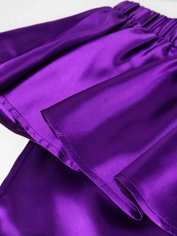 Zay Women Stylish 2 Pieces Set Shiny Satin Purple Ruffle Hem Cropped Tops and Straight Trousers Pockets Summer Party Streetwear