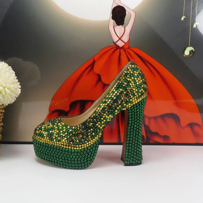 Maxy Fashion Teal Blue Mix Color Wedding Shoes and bag Set Woman 14CM High Pumps Thick Heel Party Shoes Matching Bag Round Toe Pumps