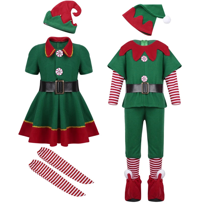 Max Christmas Santa Claus Costume Green Elf Cosplay Family Carnival Party New Year Fancy Dress Clothes Set For  Girls Boys