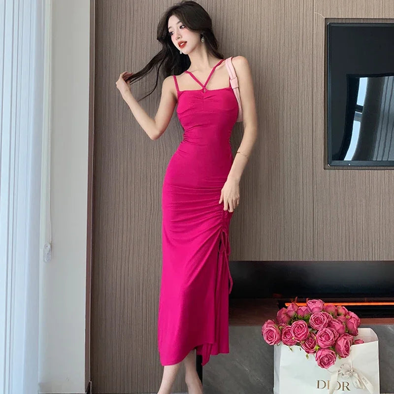 Maxy Women Fashion Chic Sling Sexy Dress Summer Korean Luxury Eveing Dress New Rose Red Elegant Bodycon Bandage Slit Long Dress