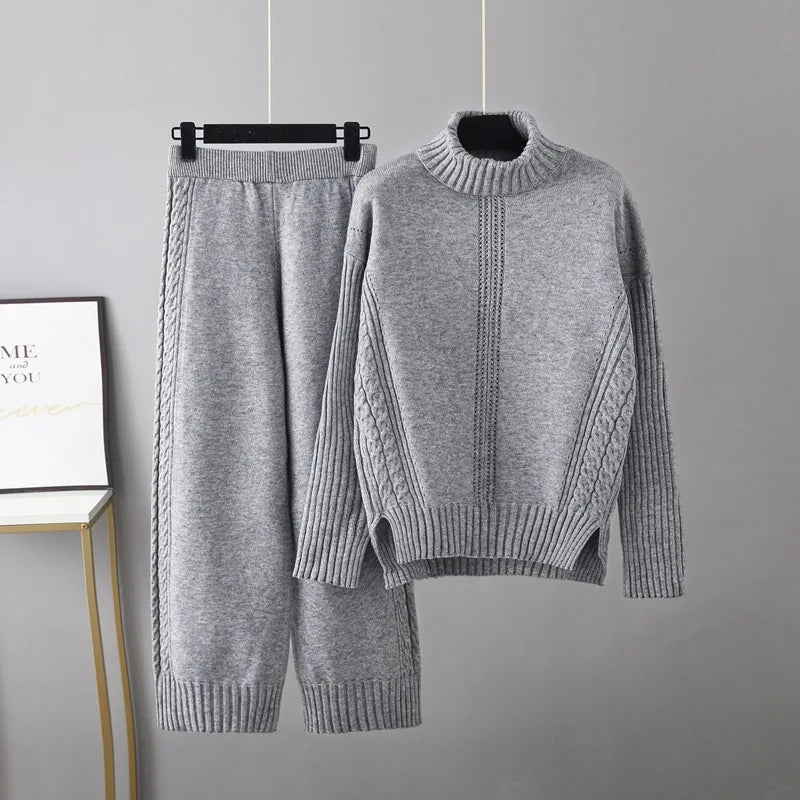 Maxy HLBCBG Cashmere Women Tracksuits Knitted Thick Women Turtleneck Sweater 2/Two Piece Sets Drawstring Harem Pants Suits Outfits