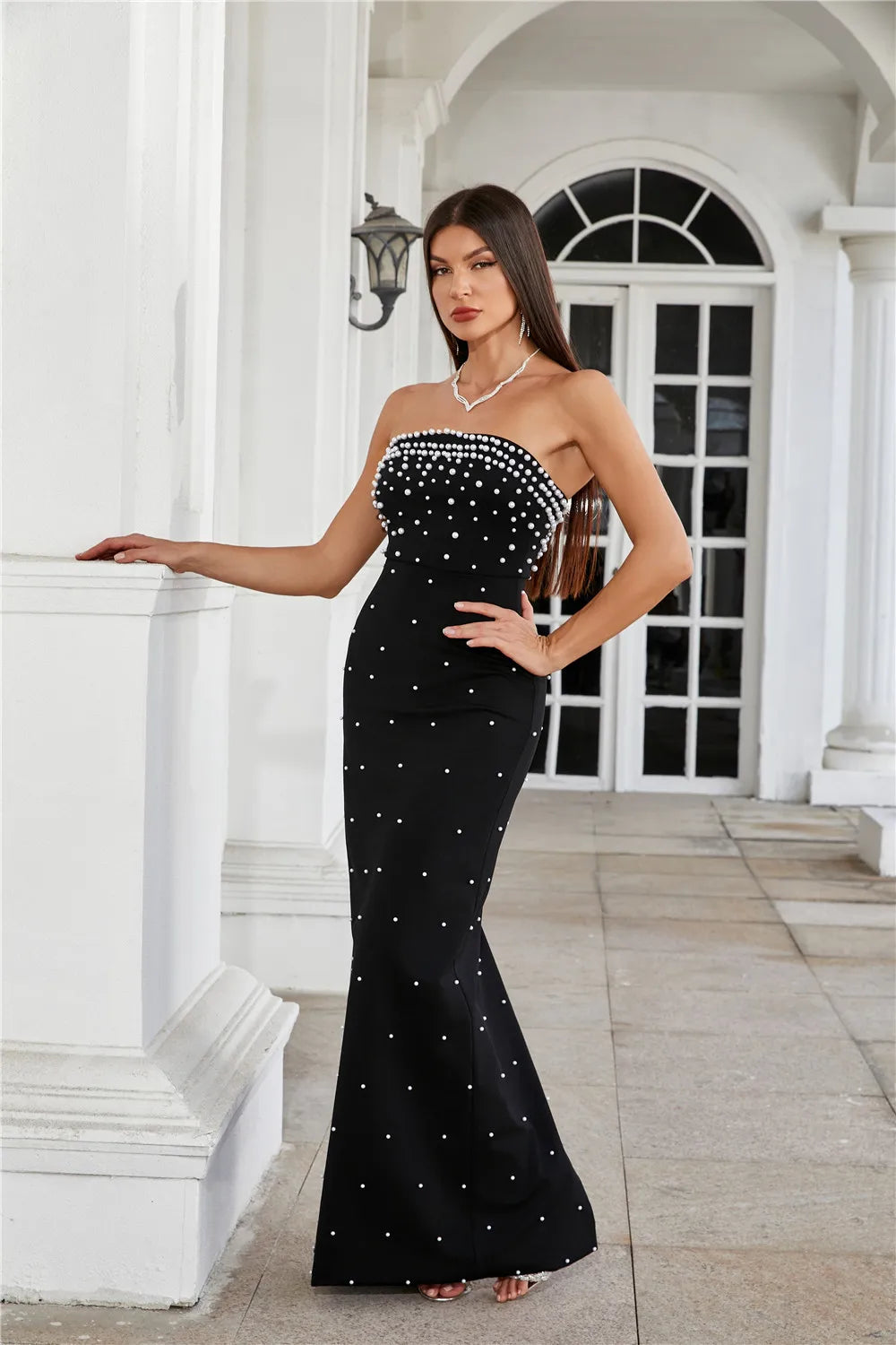 Maxy Women Luxury Party Dress Elegant Black Peal Embroidery Maxy Long One Piece Celebrity Evening Gowns Korean Fashion Gala Dress