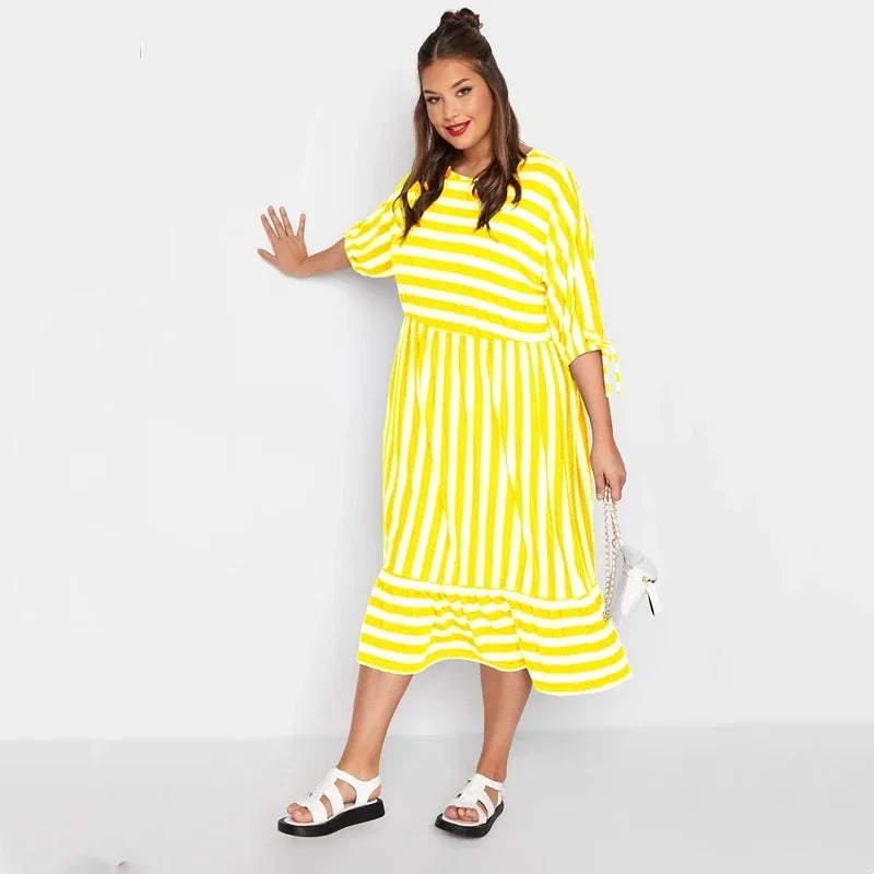 Maxy Plus Size Summer Elegant Striped Smock Dress Women Loose 3/4 Tie Sleeve Frill Hem Party Dress Casual Midi Maxy Tiered Dress 7XL