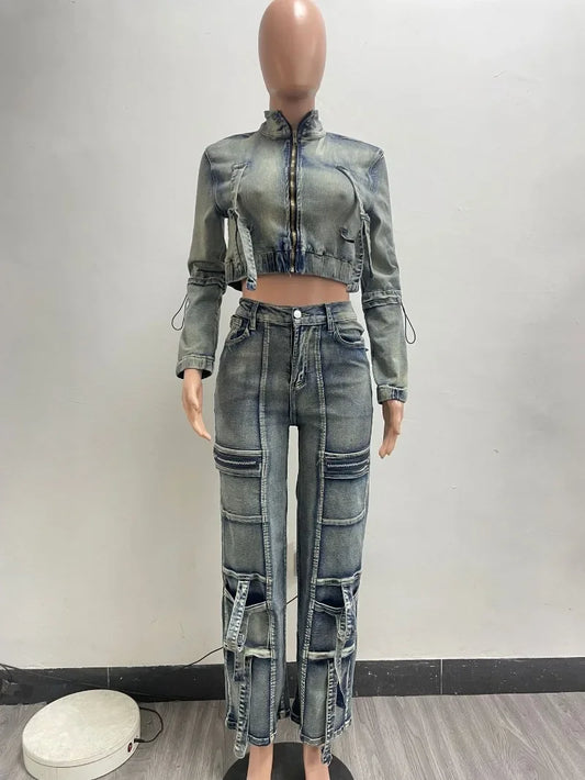 Women Fashion Multi Pockets Denim Two 2 Piece Set Long Sleeve Zip-up Jackets Crop Top + High Waist Cargo Pants Jeans Suit