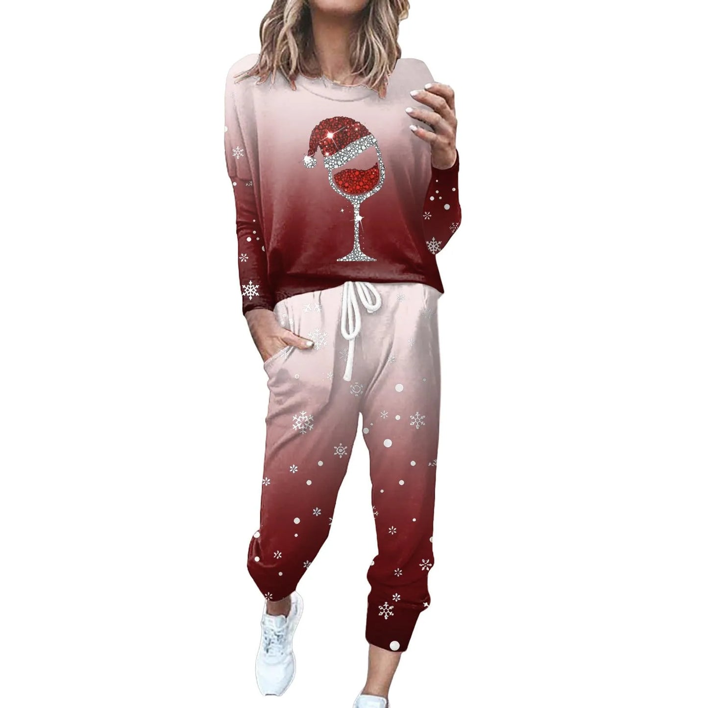 Maxy Hot Sale Christmas Print Set Trend Women'S Tracksuit Fashion Set Outfits Party Suit Long Sleeve Top +Pants Two-Piece Set